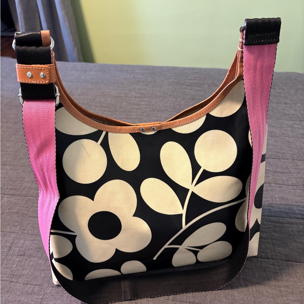 Orla Kiely Midi Crossbody Black and Cream Floral Shoulder Bag with Pink Strap